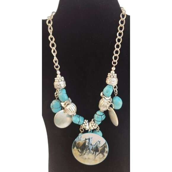 Western Silver & Turquoise Colored Necklace With Horse Pendant & Beads Western C - Picture 4 of 6